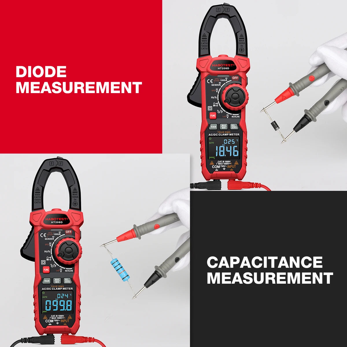 HABOTEST HT208D Clamp Meter 1000A 1000V AC DC True RMS Digital Clamp Meter Amperimetrica Capacitance Temperature Ohm Hz Tester