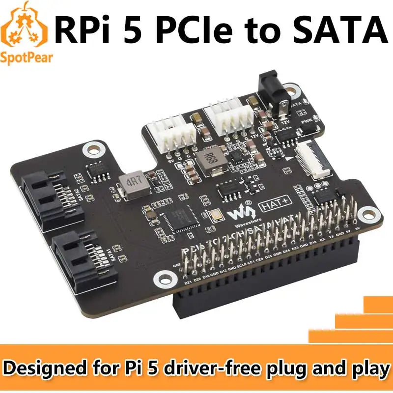 Raspberry Pi 5 PCIe to SATA Expansion Board with EEPROM HAT+ Waveshare PCIe TO 2-CH SATA HAT+ product image