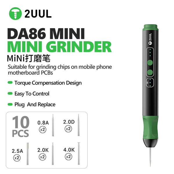 2UUL DA86 mini PCB grinding pen with 10 precision repair heads