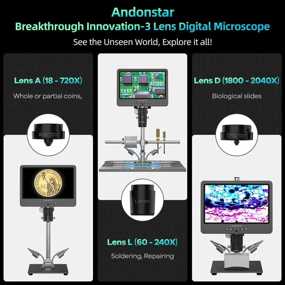 Andonstar AD249SM-Plus HDMI Digital Microscope 2000X 10.1'' IPS Screen for PCB/SMD Soldering detail image 2