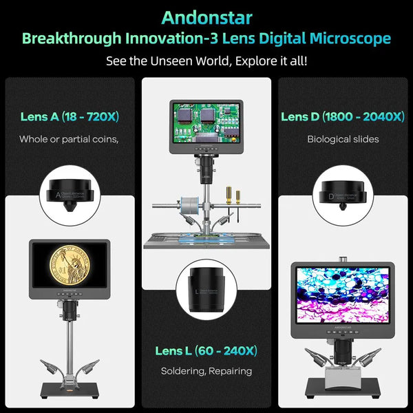 Andonstar AD249SM-Plus HDMI Digital Microscope 2000X 10.1'' IPS Screen for PCB/SMD Soldering detail image 2