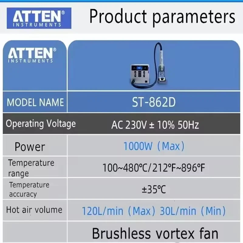 ATTEN ST-862D Hot Air Gun Soldering Station Lead-free 110V/220V 1000W BGA Rework Station detail image 4