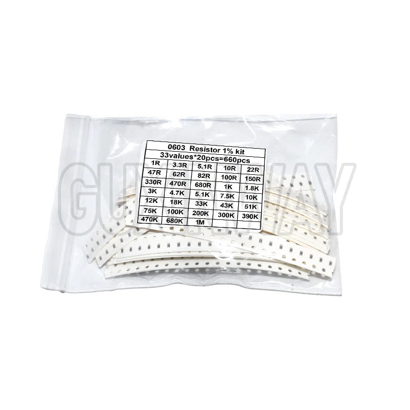 660pcs 0603 0805 1206 0402 0201 1% SMD Chip Resistor Assorted Kit 1R - 1M ohm 33valuesX20pcs Resistance Sample Set