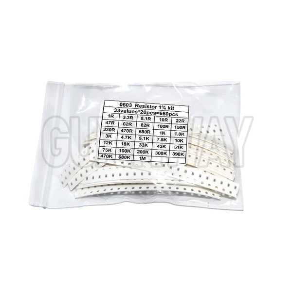 660pcs 0603 0805 1206 0402 0201 1% SMD Chip Resistor Assorted Kit 1R - 1M ohm 33valuesX20pcs Resistance Sample Set