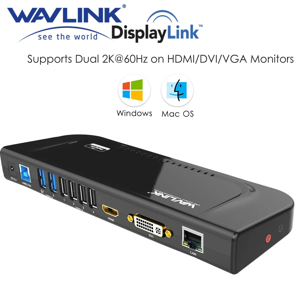 Wavlink USB 3.0 Universal Displaylink Docking Station Support Dual 2K@60Hz HDMI/DVI External Gigabit Ethe product image