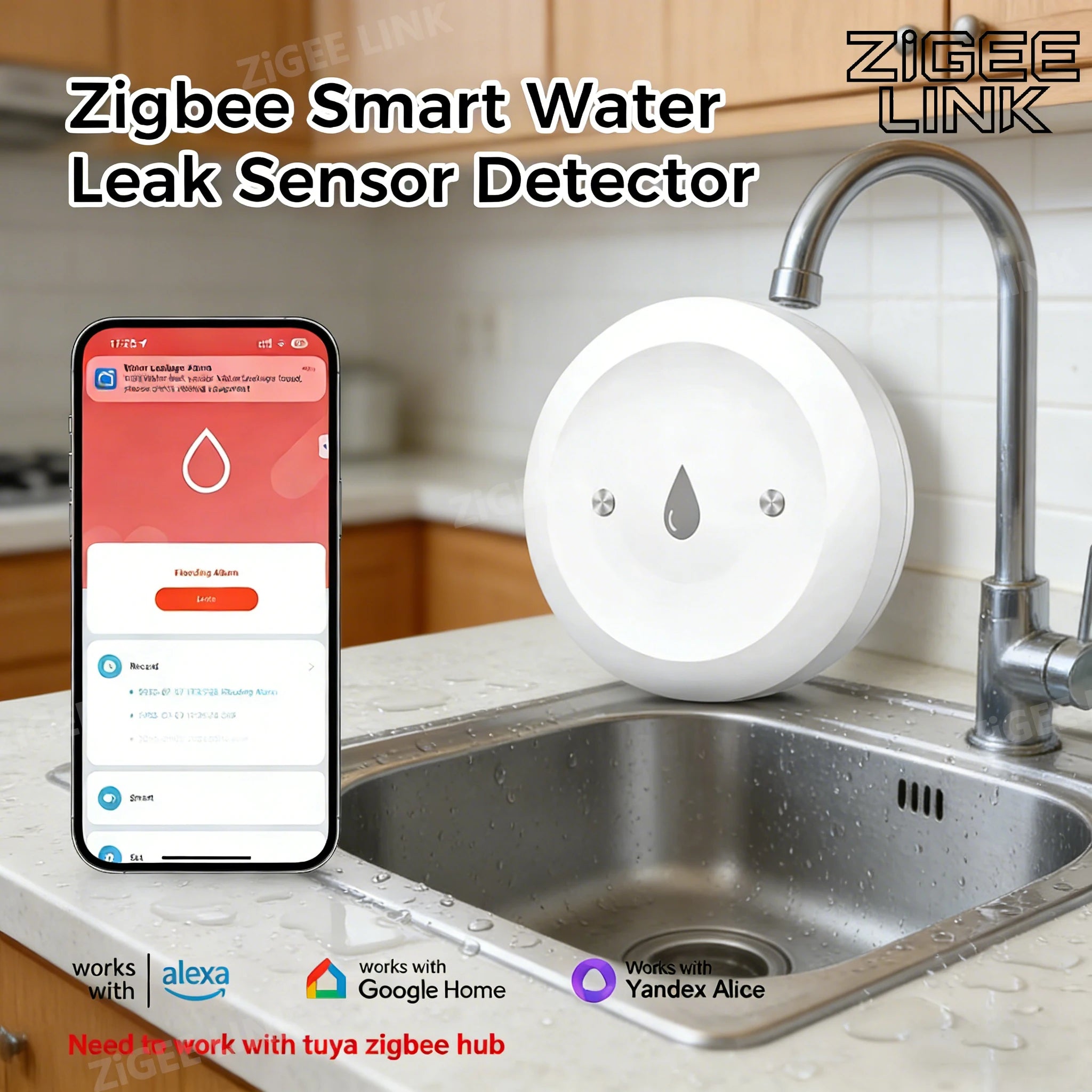 ZigBee3.0 Water Detect Sensor Alarm Water Sensor Leak Detector Flood Water Leakage Alarm APP Control Work product image