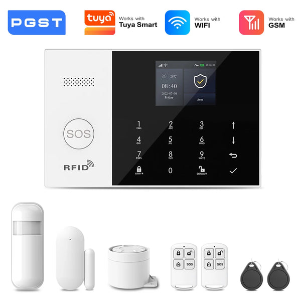 PGST 4G 2G GSM WiFi Alarm System House Home Security Protection Alarm System Kit Door Sensor Works with Tuya Smart Life Alexa