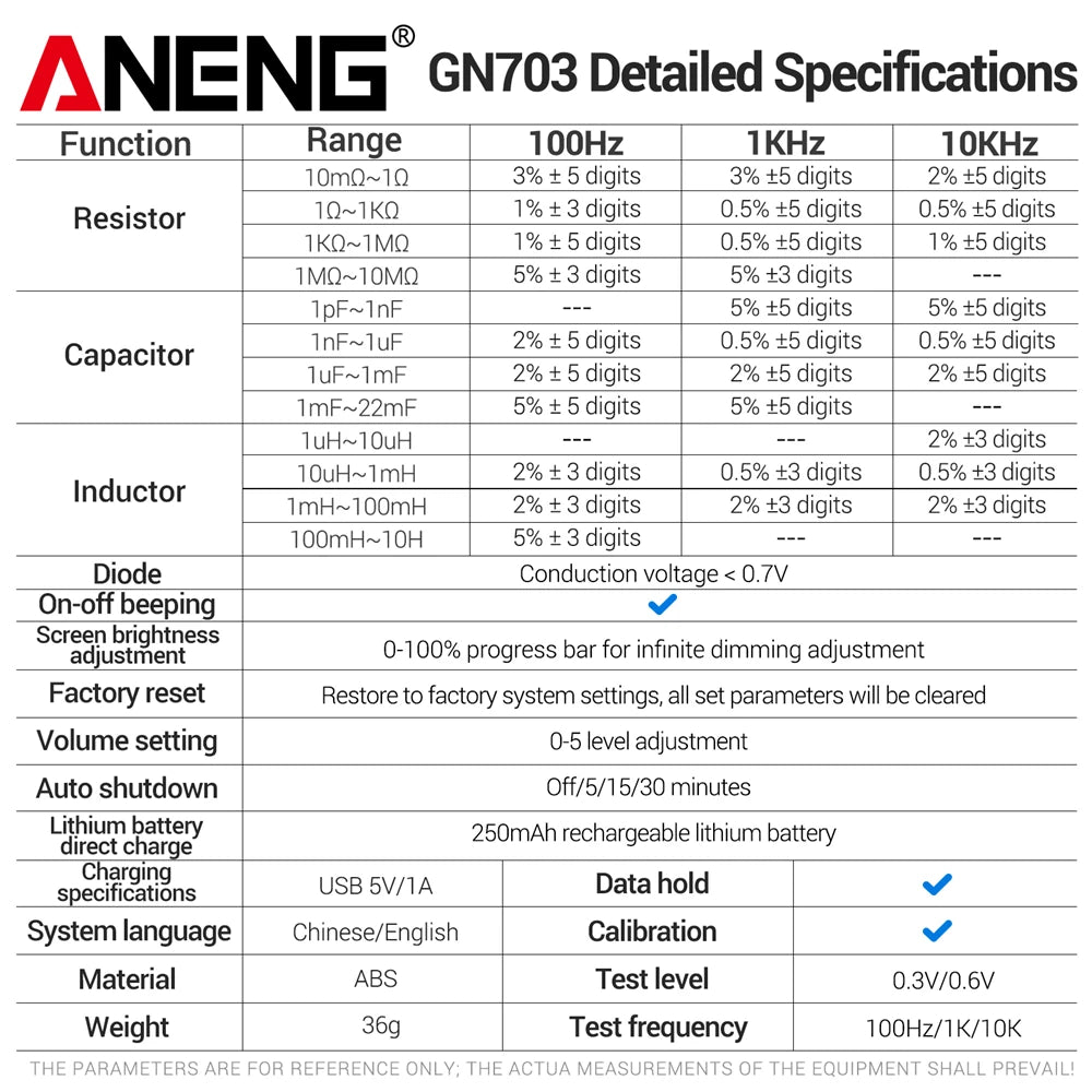 ANENG GN703 Smart Tweezers LCR Meter Professional SMD ESR Test Capacitance Resistance Inductance Digital LCR Bridge Calibration