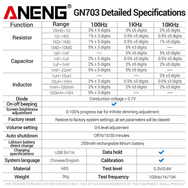 ANENG GN703 Smart Tweezers LCR Meter Professional SMD ESR Test Capacitance Resistance Inductance Digital LCR Bridge Calibration