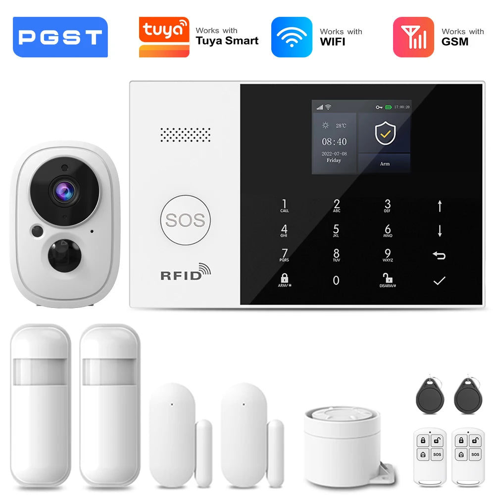 PGST 4G 2G GSM WiFi Alarm System House Home Security Protection Alarm System Kit Door Sensor Works with Tuya Smart Life Alexa