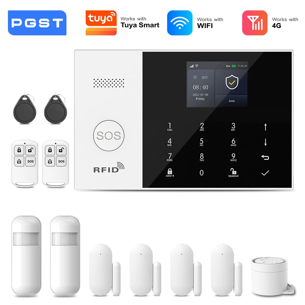 PGST 4G 2G GSM WiFi Alarm System House Home Security Protection Alarm System Kit Door Sensor Works with Tuya Smart Life Alexa