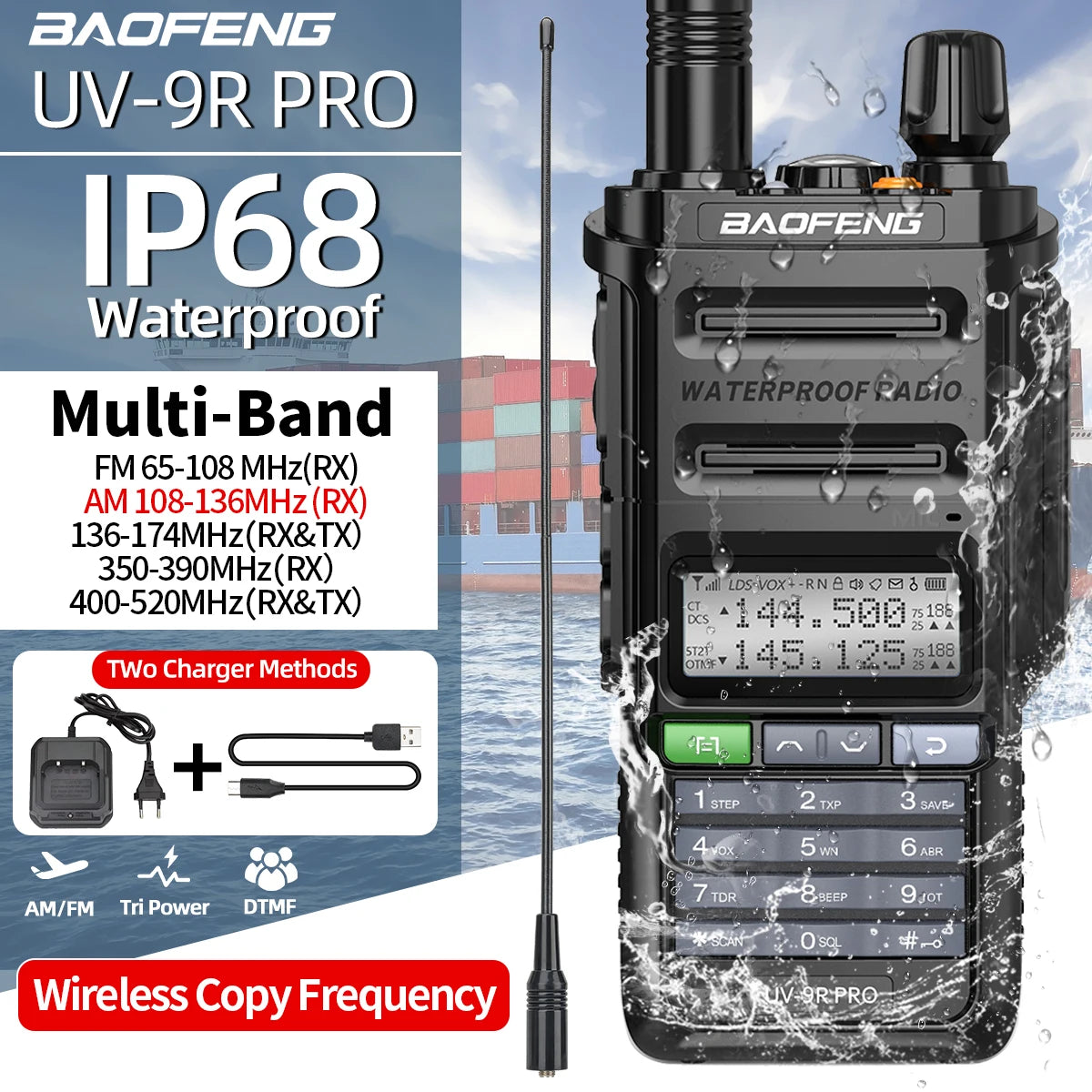 BAOFENG UV-9R PRO Multi Band Walkie Talkie IP68 Waterproof Wireless Copy Frequency Tri Power Type-C DTMF Long Range Ham Radio