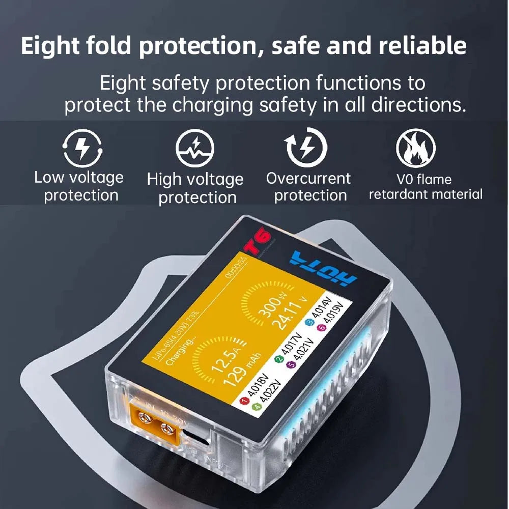 HOTA T6 Smart Charger  DC/PD Dual Input 300W 2.4IPS Supports XT60 and TYPE-C Interfaces Compatible  PD3.0 FPV RC Battery Charger