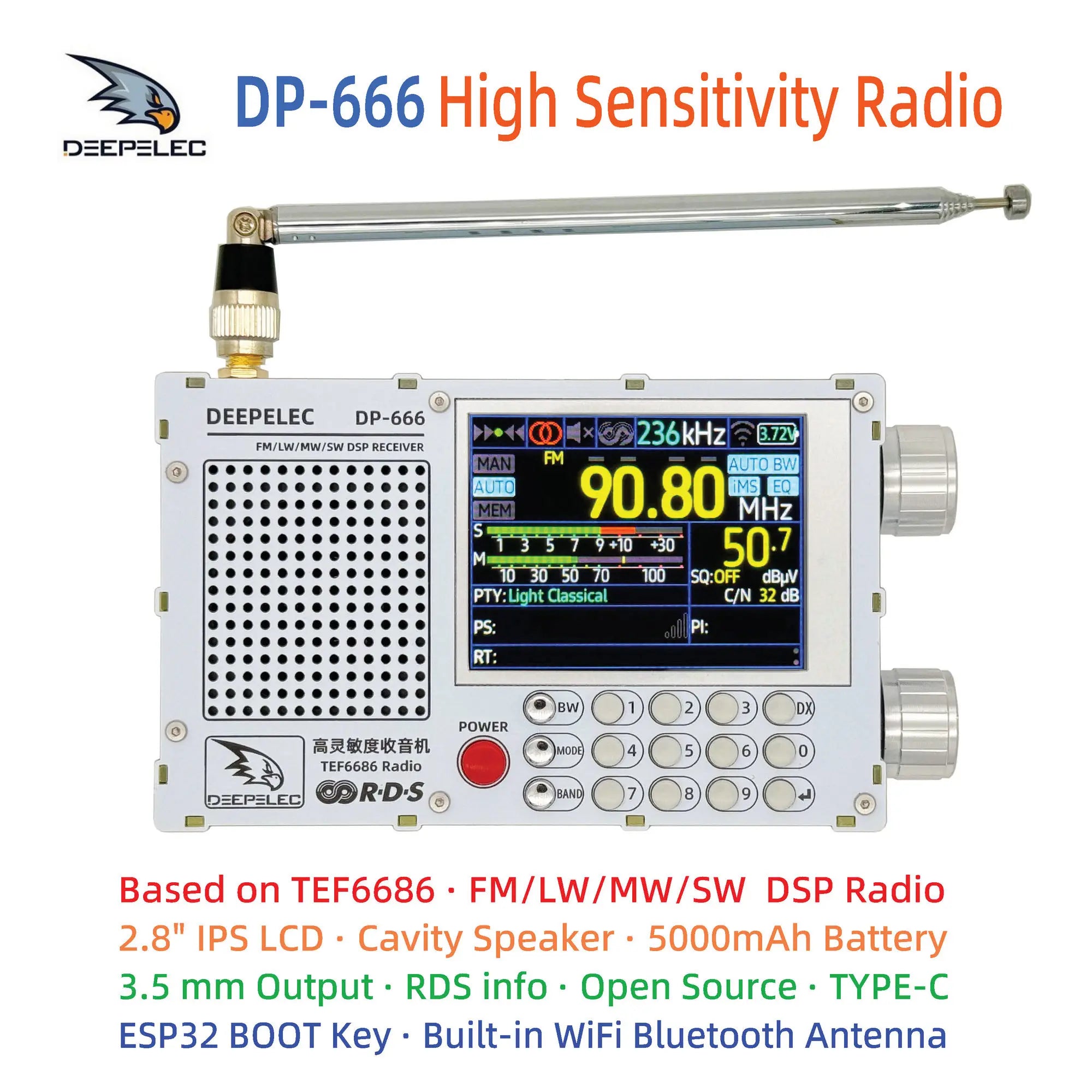 DP-666 DEEPELEC TEF6686 Radio Full Band FM AM LW MW SW Kurzwellen ESP32 RDS 2,8 Zoll IPS LCD