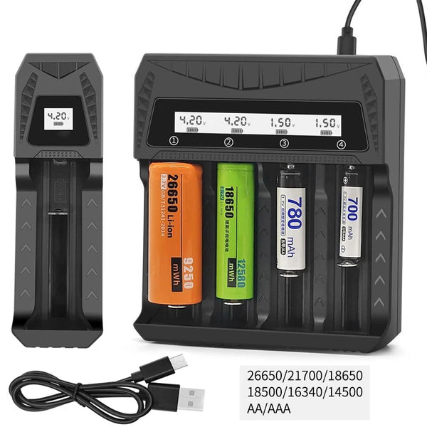 Intelligent LCD Battery USB Charger - 1/2/4 Slots for 18650 4.2V Li-ion & 1.2V Ni-MH AA/AAA Rechargeable product image