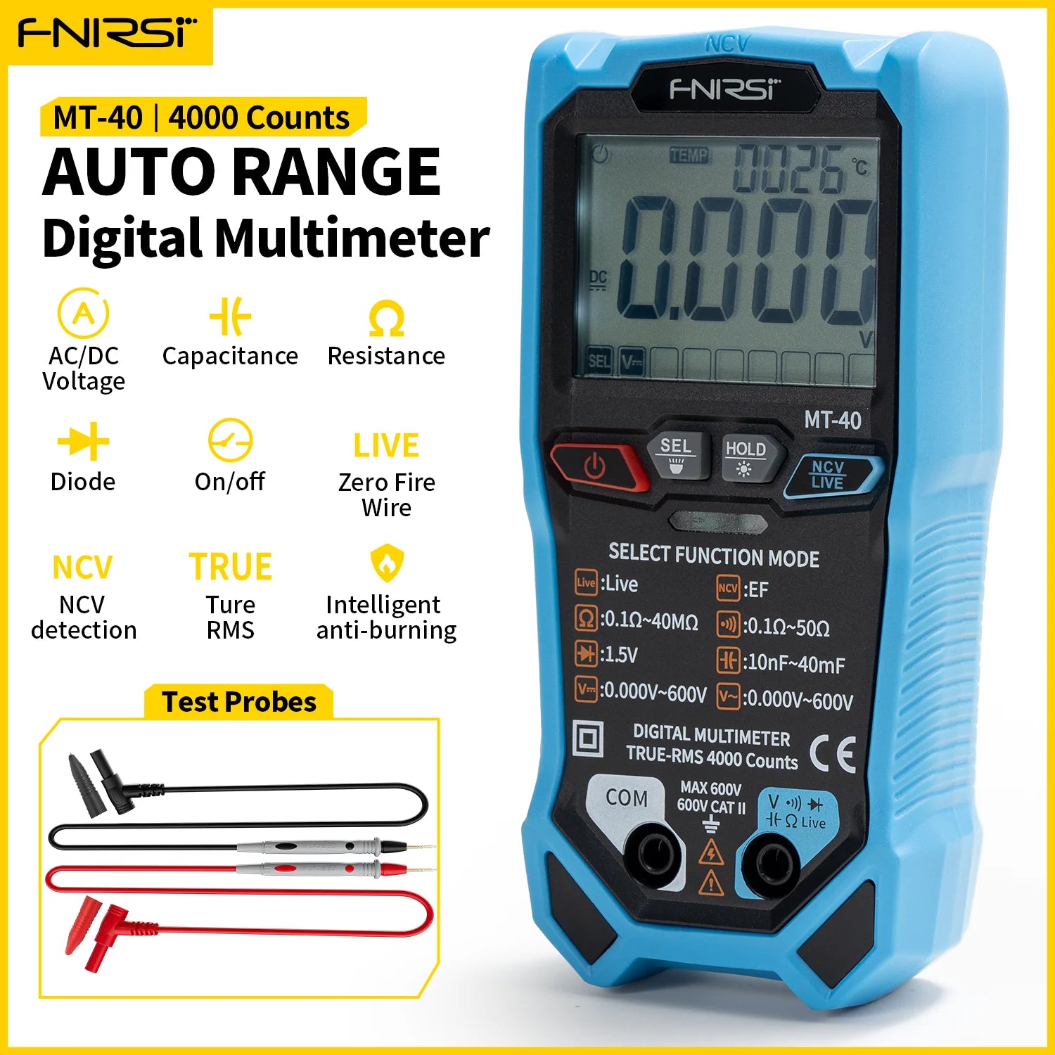 FNIRSI MT-40 Smart Digital Voltage and Current Meter 4000 Counts True RMS AC DC 600V Capacitance NCV Live product image