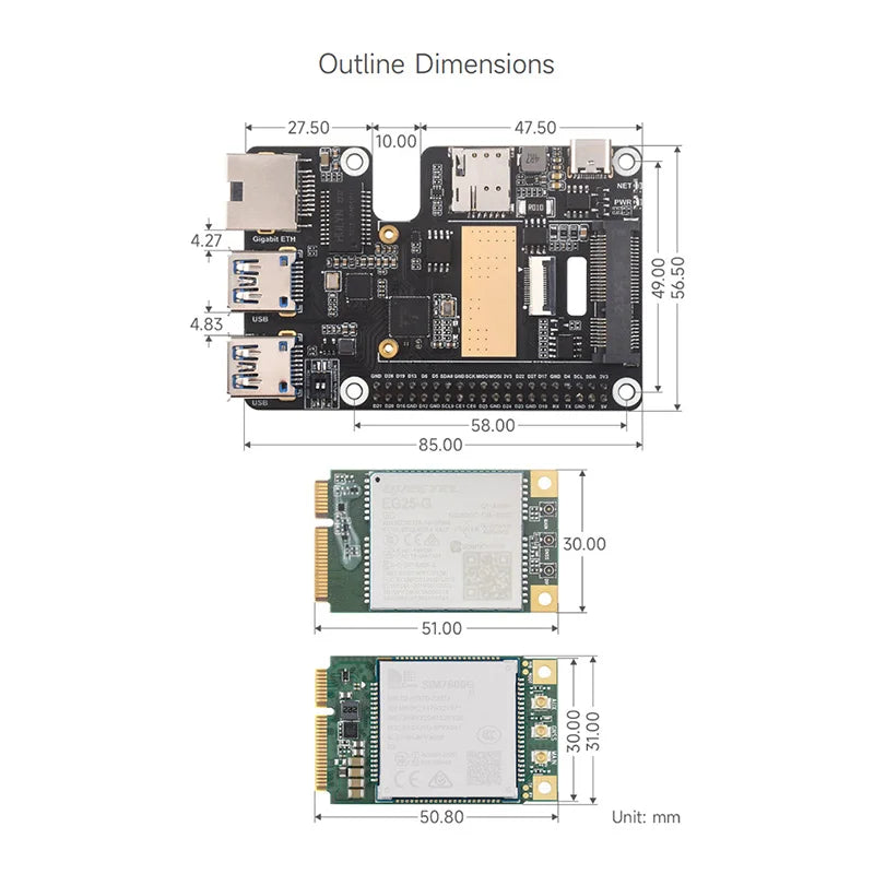 PCIe to MiniPCIe / Gigabit Ethernet / USB 3.2 Gen1 HAT for Raspberry Pi 5 Extend 2-Ch USB detail image 6