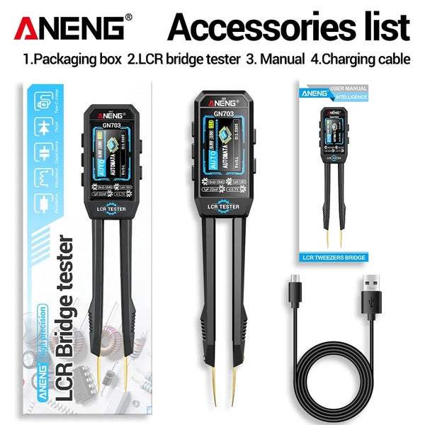 ANENG GN703 Smart Tweezers LCR Meter Professional SMD ESR Test Capacitance Resistance Inductance Digital LCR Bridge Calibration