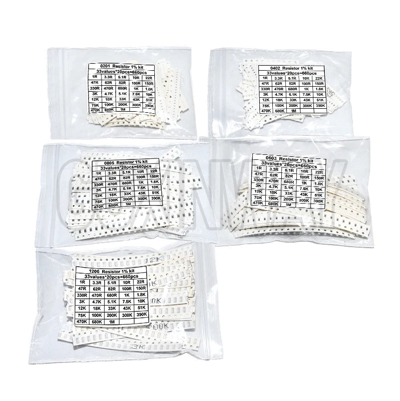 660pcs 0603 0805 1206 0402 0201 1% SMD Chip Resistor Assorted Kit 1R - 1M ohm 33valuesX20pcs Resistance Sample Set