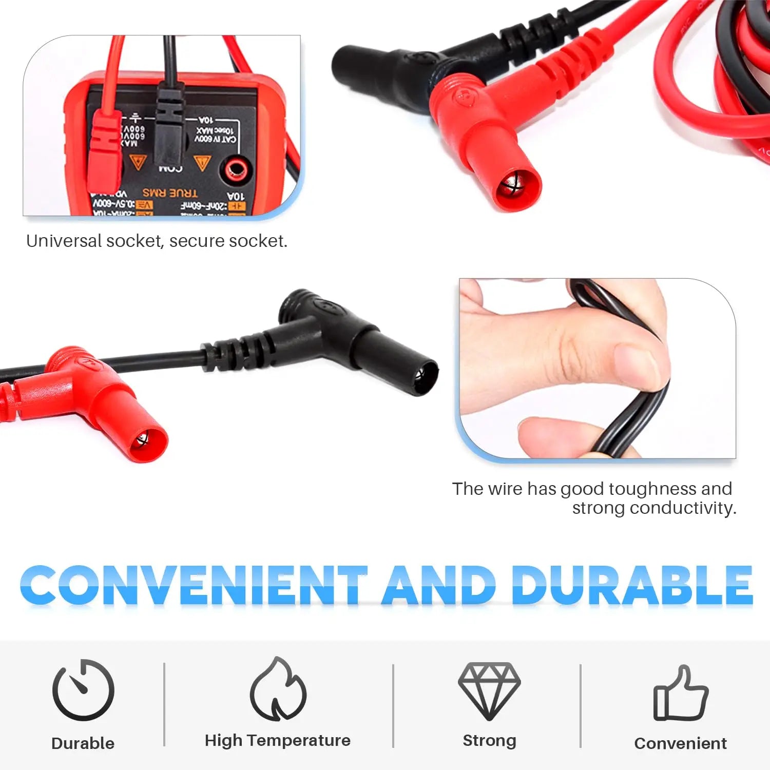 New Multimeter Test Leads Universal Cable 10A/20A Soft-silicone-wire Needle-tip Tester Probe Wire Pen Cable