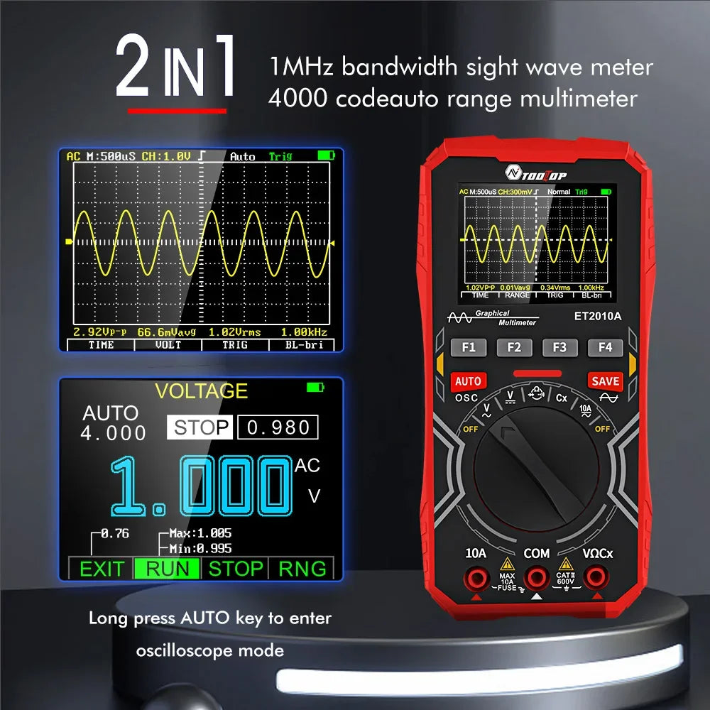 TOOLTOP ET2010A 1MHz Portable Digital Oscilloscope 2.5Msps Auto True RMS Multimeter AC 10A detail image 3
