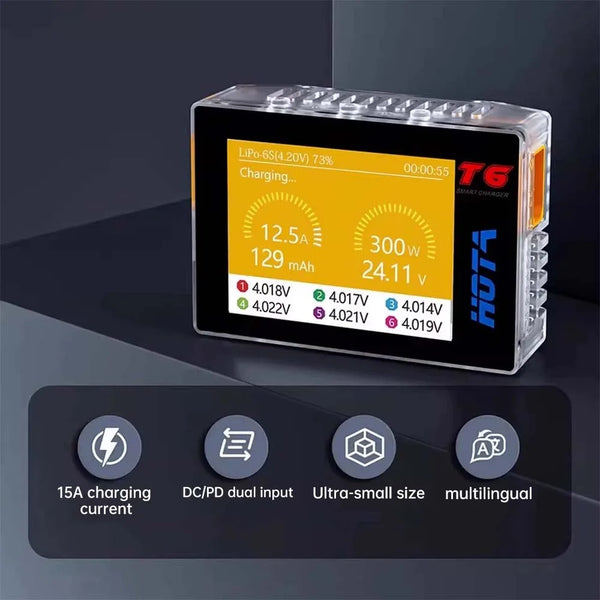 HOTA T6 Smart Charger  DC/PD Dual Input 300W 2.4IPS Supports XT60 and TYPE-C Interfaces Compatible  PD3.0 FPV RC Battery Charger