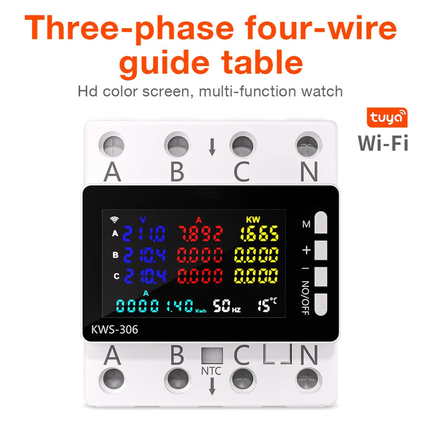 85-290V WiFi Power Meter KWS-306WF Digital Energy Tester Current Voltage Protector Relay Switch Color Screen 3P Guide Rail Table