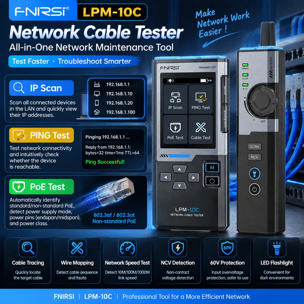 FNIRSI LPM-10C/LPM-10A  LAN Ethernet Cable Tester Toner Wire Tracker IP Scan PING PoE Tester RJ45 Wiremap Length 1Gbps NCV