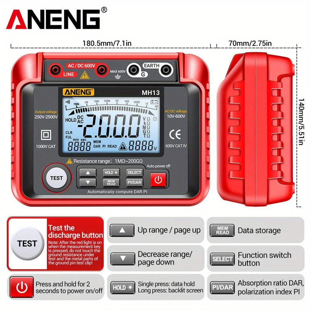 ANENG MH13 Digital Insulation Resistance Tester 2500V High Voltage Megohmmeter 200G Megger detail image 6
