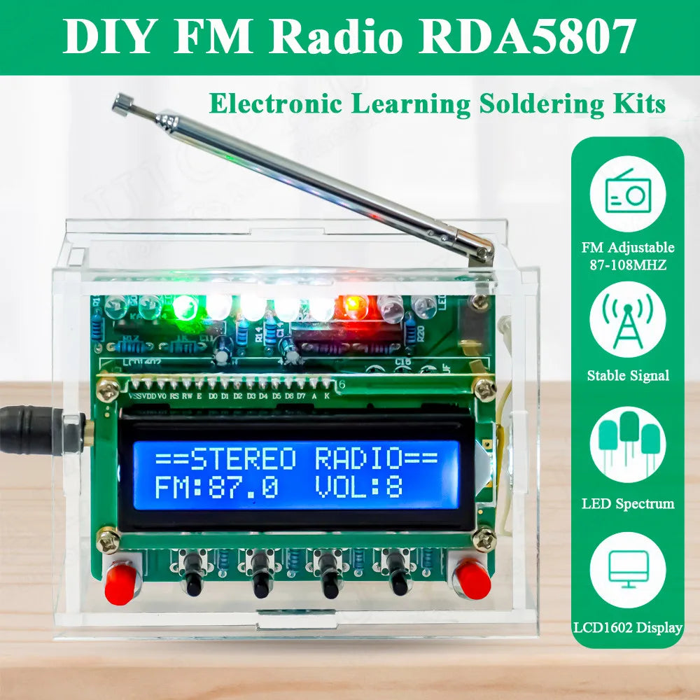 DIY FM Radio Electronic Kit Adjustable Frequency 87-108MHZ LCD1602 Display PCB Soldering Project Practice product image