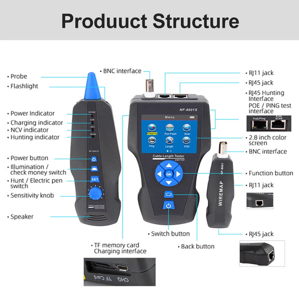 NOYAFA NF-8601S Multifunction TDR Enthernet Cable Tester Rj45 Rj11 BNC Cat5 Cat6 6E Cat7 POE detail image 4