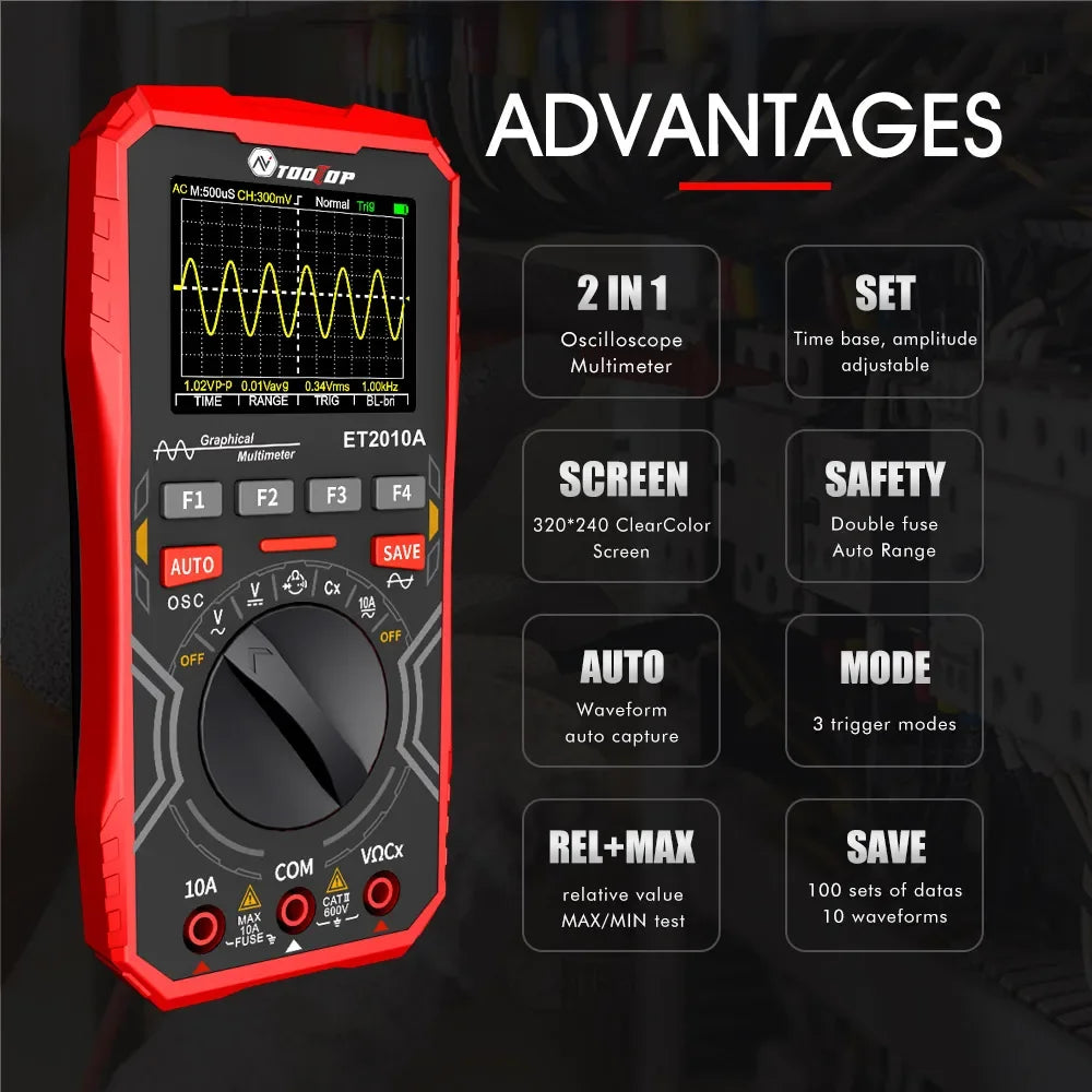 TOOLTOP ET2010A 1MHz Portable Digital Oscilloscope 2.5Msps Auto True RMS Multimeter AC 10A detail image 2