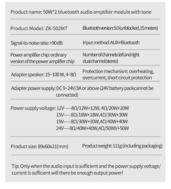 ZK-502MT Bluetooth 5.0 Subwoofer Amplifier Board 2.0 Channel High Power Audio Stereo detail image 6