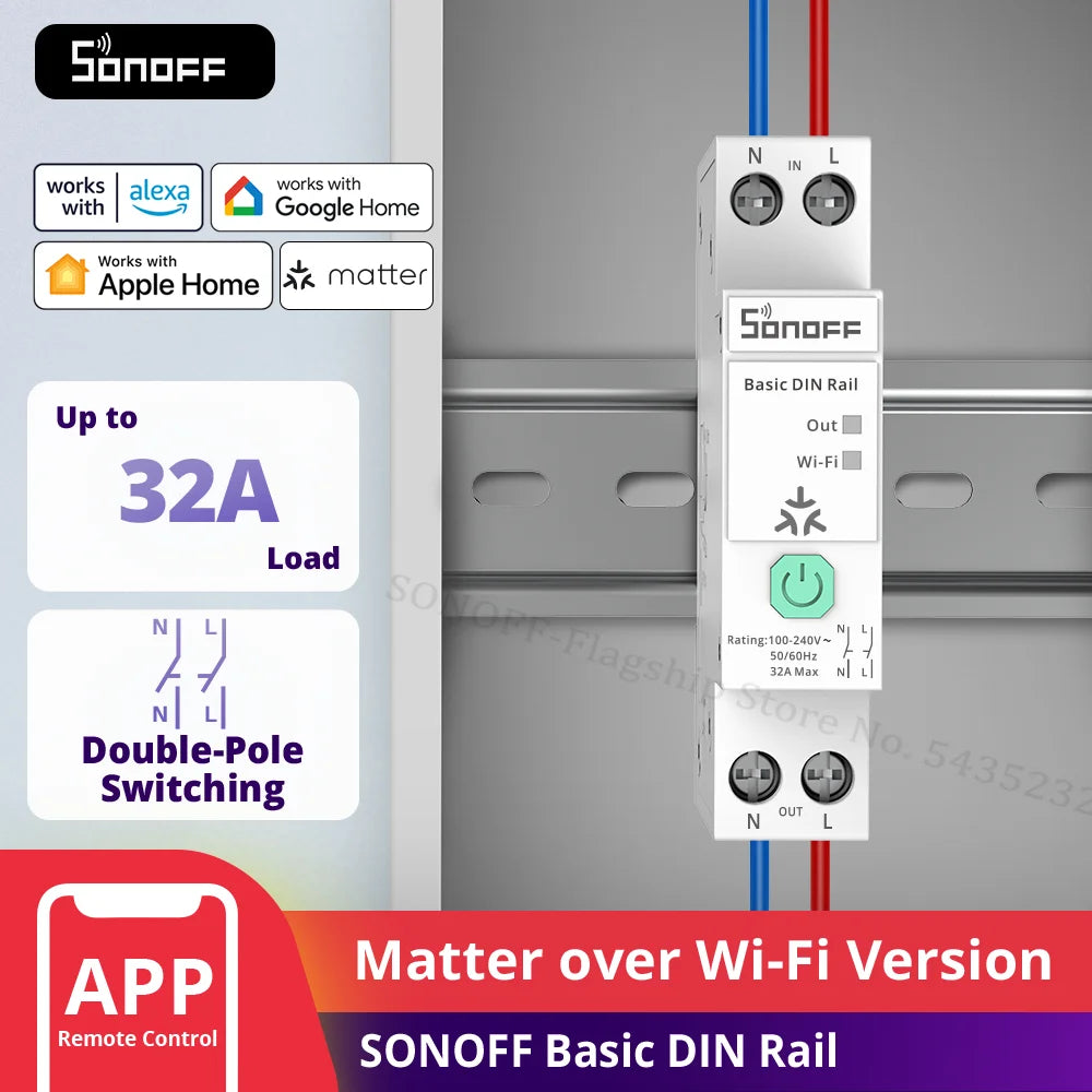 SONOFF BASIC-1GSP Basic DIN Rail Matter Over WiFi Version Load 32A Energy Electricity Bill Tracking Matter Compatible Apple Home