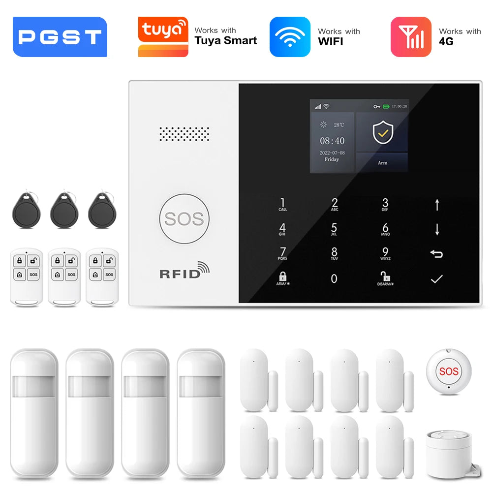 PGST 4G 2G GSM WiFi Alarm System House Home Security Protection Alarm System Kit Door Sensor Works with Tuya Smart Life Alexa