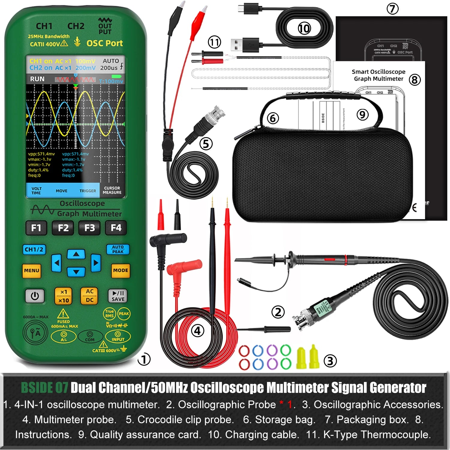 BSIDE 4-IN-1 Handheld Oscilloscope Digital Multimeter+Function Signal Generator Dual Channel detail image 7