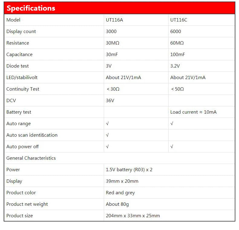 UNI-T UT116A UT116C SMD Multimeter Tester 36V Voltage Meter Resistance Capacitance Zener detail image 8
