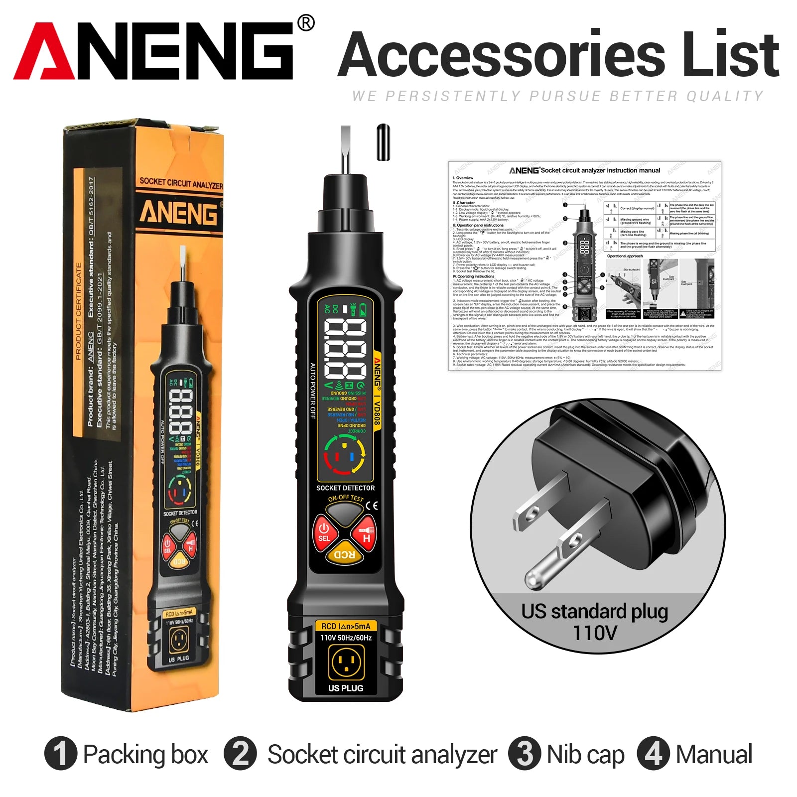 ANENG VD808 Socket Phase Meter Leakage Test US/EU Plug Power Polarity Checker Voltage Tester Pen Circuit Breaker Analyzer Tools