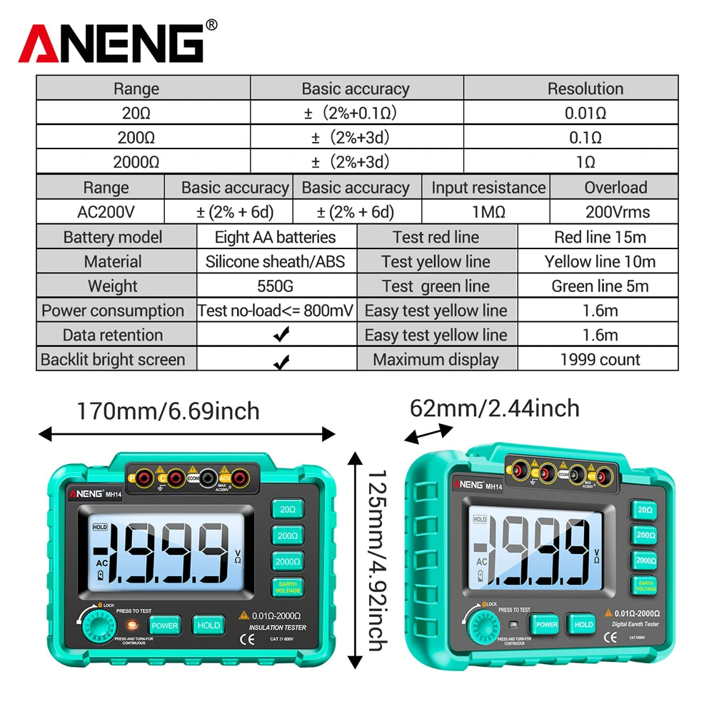 ANENG MH14 Digital Megohmmeter Insulation Resistance Meter AC 200V Voltage Professional detail image 5