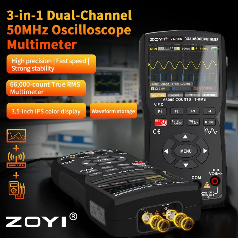 ZOYI ZT-706S 3-in-1 Automotive Oscilloscope Multimeter, True RMS with Waveform Generator, for Vehicle Repair and Electr