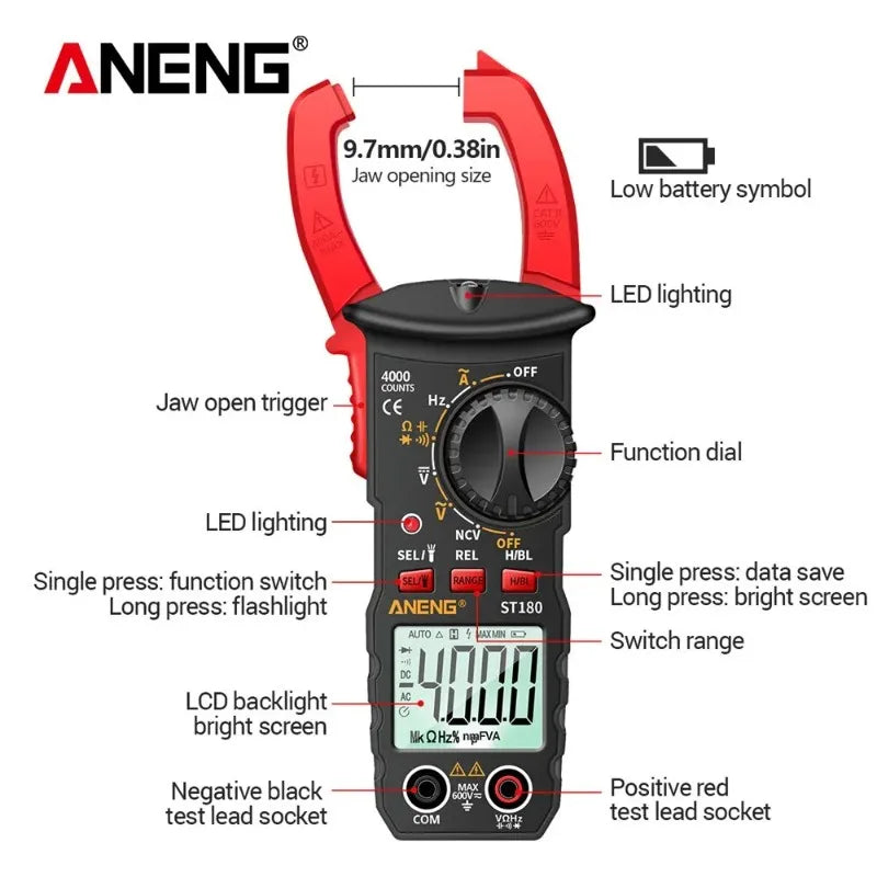 ANENG ST180 Digital Clamp Meter 4000 Counts Ammeter Voltage Multimeter AC Current Tester Car detail image 5
