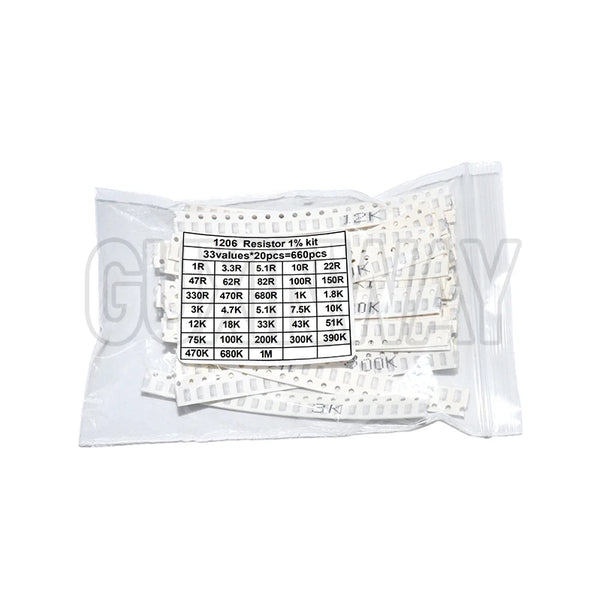 660pcs 0603 0805 1206 0402 0201 1% SMD Chip Resistor Assorted Kit 1R - 1M ohm 33valuesX20pcs Resistance Sample Set
