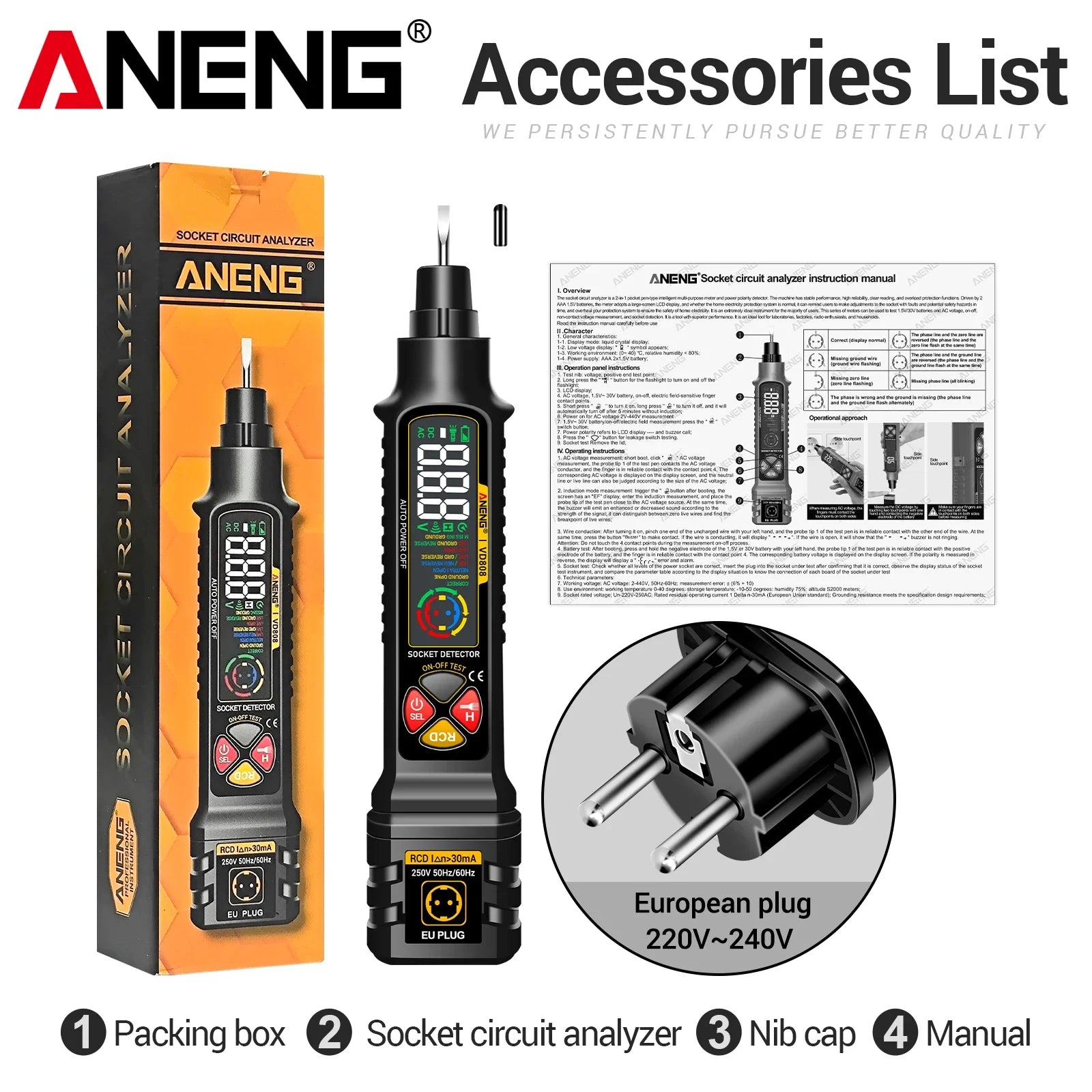 ANENG VD808 Socket Phase Meter Leakage Test US/EU Plug Power Polarity Checker Voltage Tester Pen Circuit Breaker Analyzer Tools