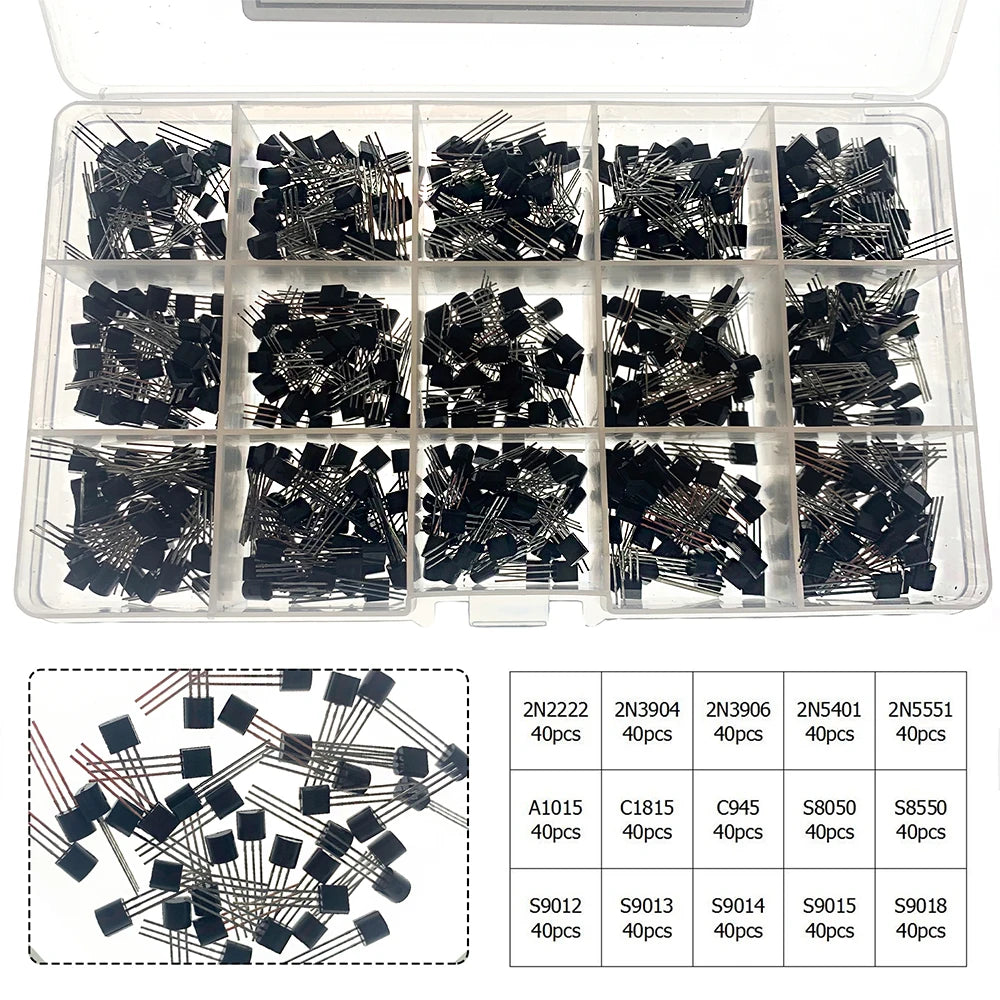 600pcs Transistor Kit A1015 C1815 C945 S8050 S8850 2N2222 2N3904 2N3906 2N5401 2N5551 PNP detail image 6