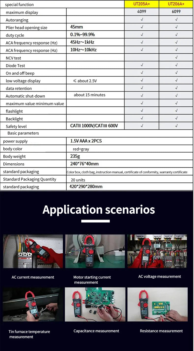 UNI-T UT205A+ UT206A+ Digital Clamp Meter 1000V AC DC Current Pliers Clamps Voltage Tester detail image 16