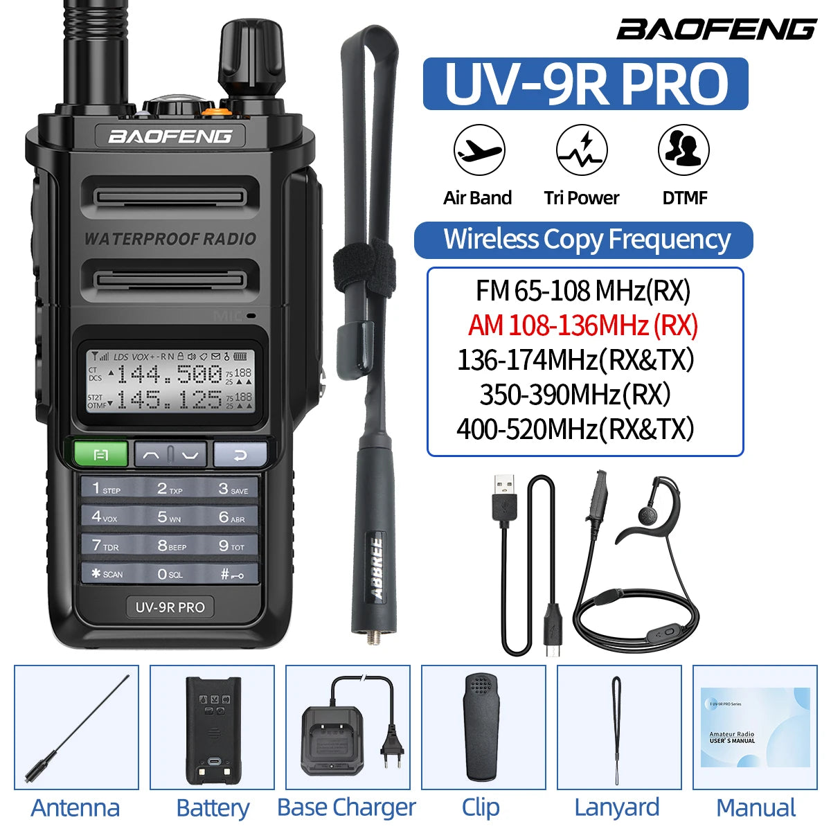 BAOFENG UV-9R PRO Multi Band Walkie Talkie IP68 Waterproof Wireless Copy Frequency Tri Power Type-C DTMF Long Range Ham Radio