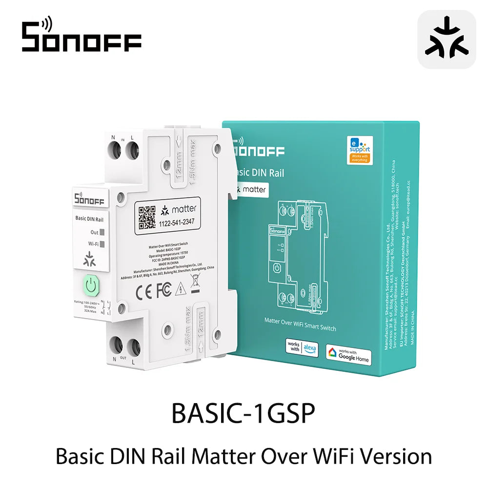 SONOFF BASIC-1GSP Basic DIN Rail Matter Over WiFi Version Load 32A Energy Electricity Bill Tracking Matter Compatible Apple Home