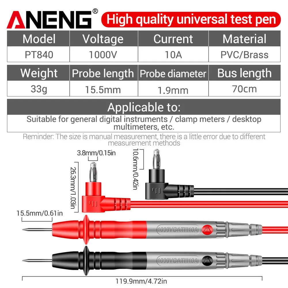 ANENG PT840 Digital Multimeter Probe Universal 1000V 10A Test Lead Needle Pin Wire Pen Cable Kit Current Voltmeter Tester Wire