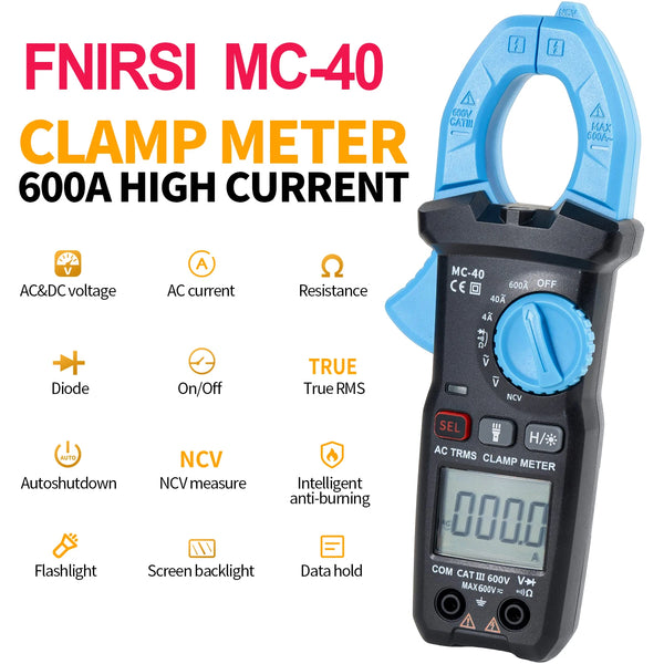 FNIRSI MC-40 Digital Clamp Meter 600A High Current Multimeter AC/DC Voltage 600V Auto Range NCV T-RMS Res product image
