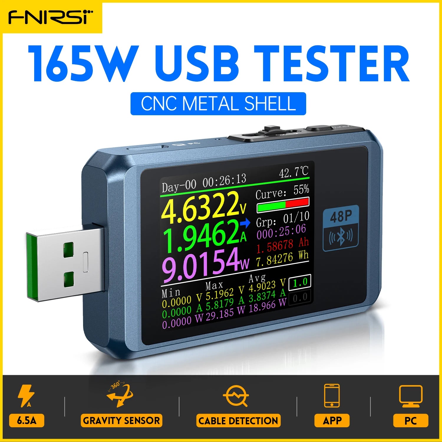FNIRSI-FNB48P USB Battery Tester Voltmeter Ammeter TYPE-C Fast Charge Detection Trigger Capacity Measurem product image